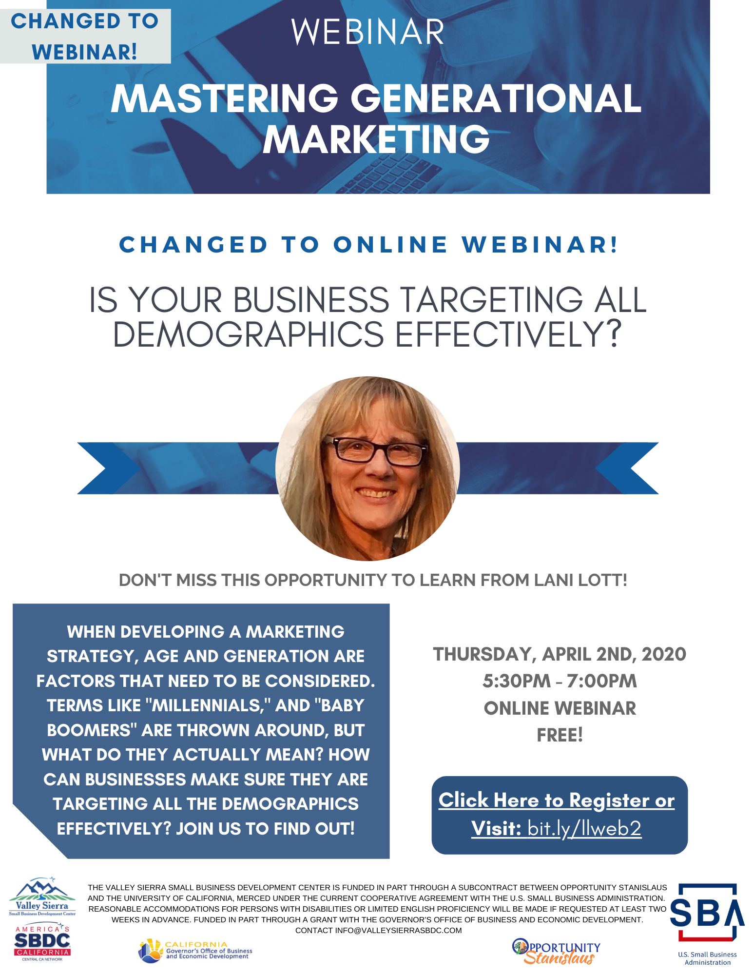 Event Flyer, Changed to Webinar: Modesto: Mastering Generational Marketing, 4/2/20, 5:30p-7:00p, 1625 I Street, Modesto, CA. FREE.