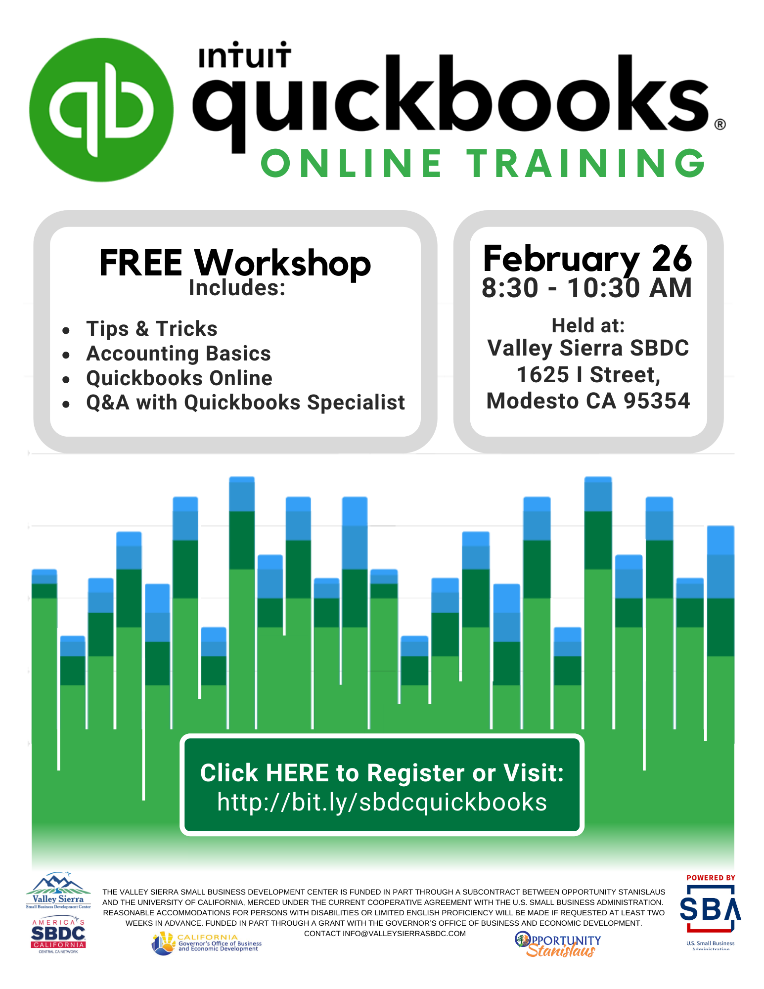 Event Flyer, Modesto QuickBooks Online, 2/26/2020, 8:30am - 10:30am. FREE.